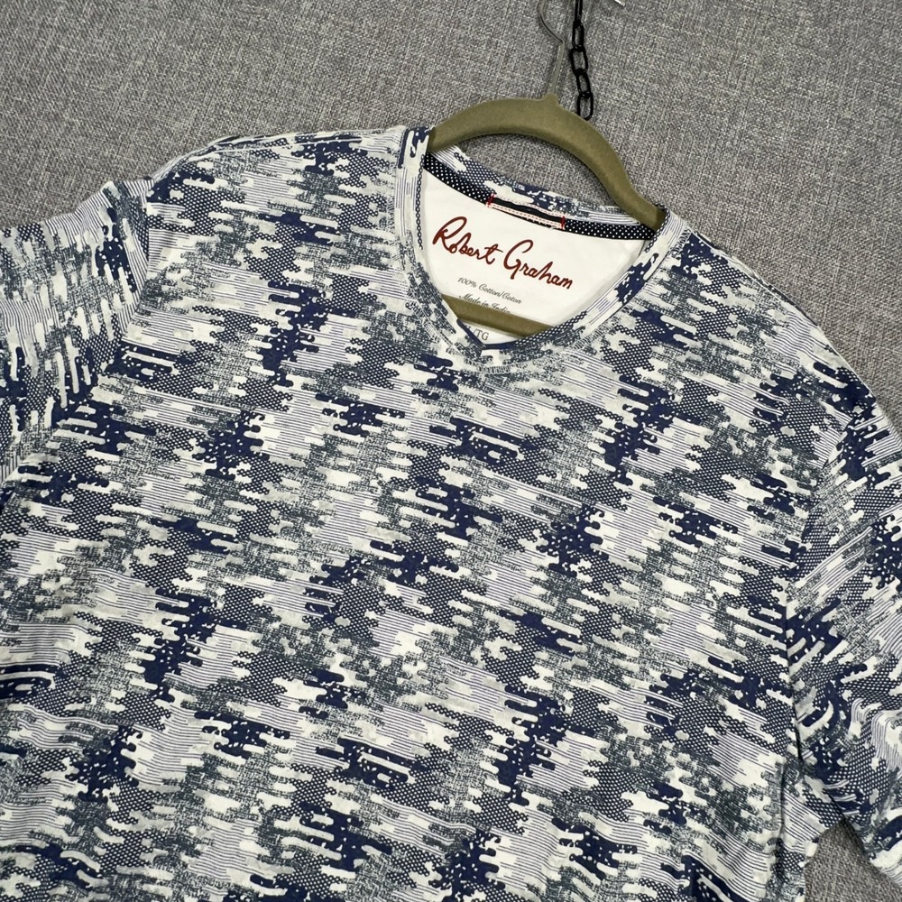 Robert Graham Deke Cotton Tee Mens XL Blue White Geometric Glitch V-Neck T-Shirt